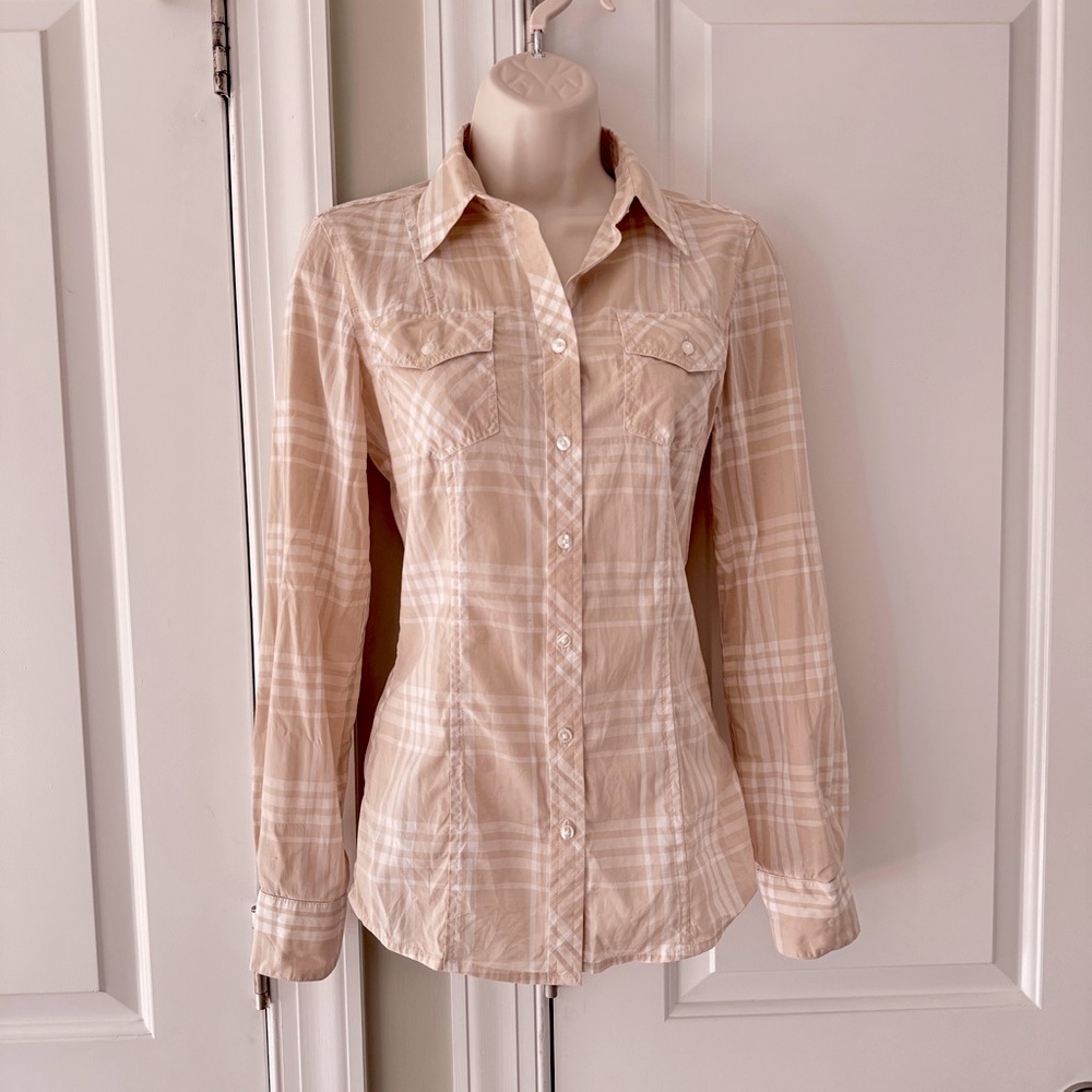 Banana Republic Tan Plaid Fitted Long Sleeve Button Down Size XS